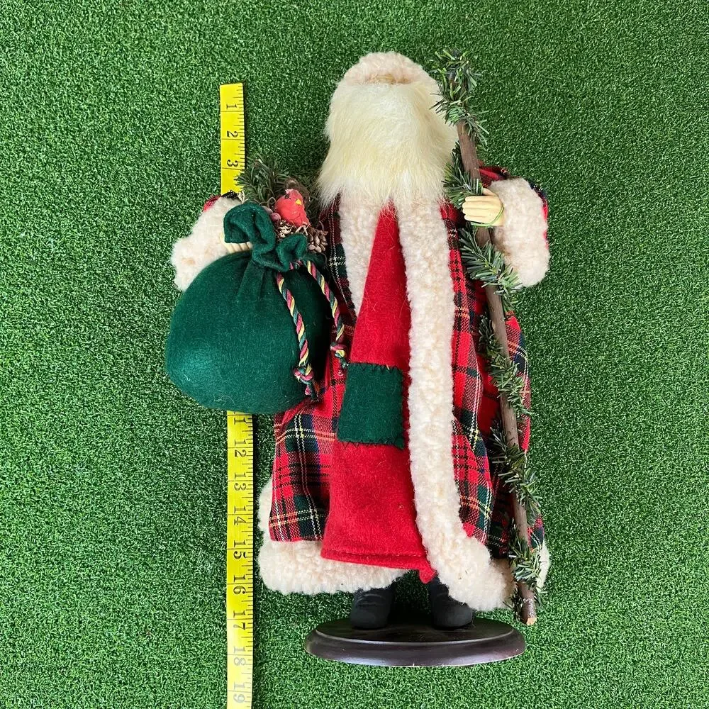 VTG Holiday Workshop Tartan Plaid Santa Porcelain Face & Hands Wooden Stand 18